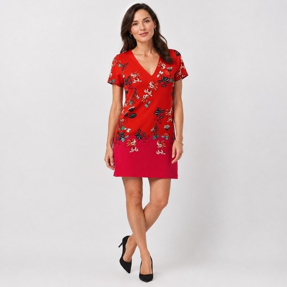 Desigual Dresses & Skirts - Desigual Floral Shift Dress Womens EU 38 M Red V Neck Short Sleeve Lined Office